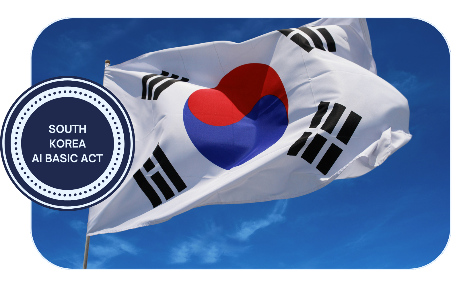 The flag of South Korea waves in front of a blue sky, and behind the words "South Korea AI Basic Act."