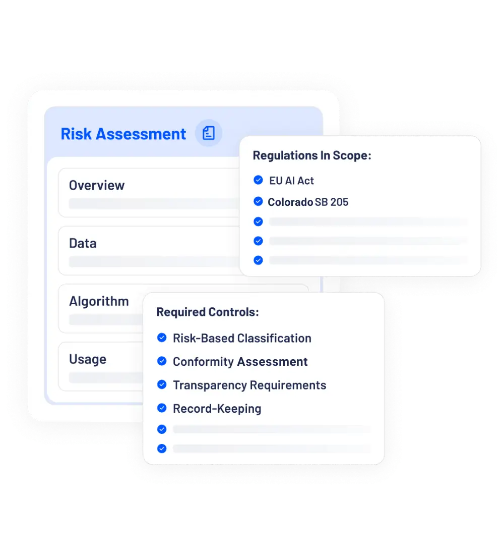 AI Risk Assessment A platform view showing automatic flagging of AI-specific risks and applicable AI regulations