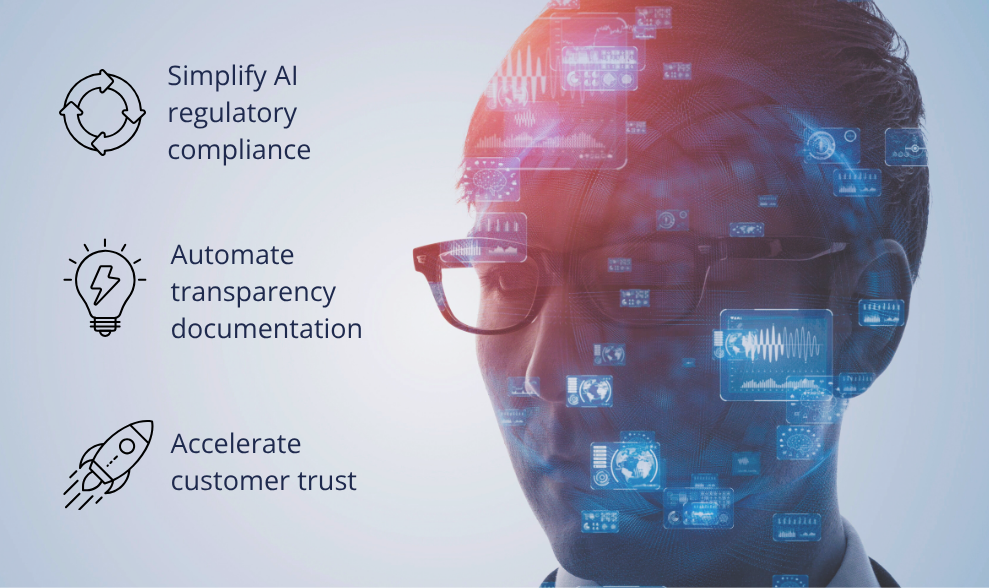 Image illustrating the benefits of AI governance for developers - simplifying regulatory compliance, automating documentation, and accelerating customer trust