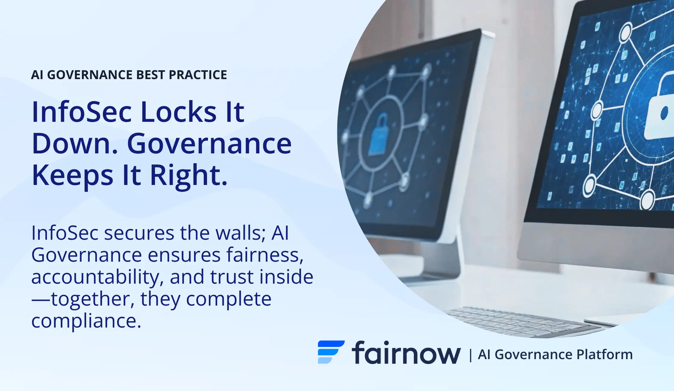 AI governance vs. infosec: Digital padlocks and network connections on computer monitors.